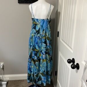 Luisa Cerano Hawaii Print Spaghetti Strap Dress Blue Green Floral Sundress Sz 8